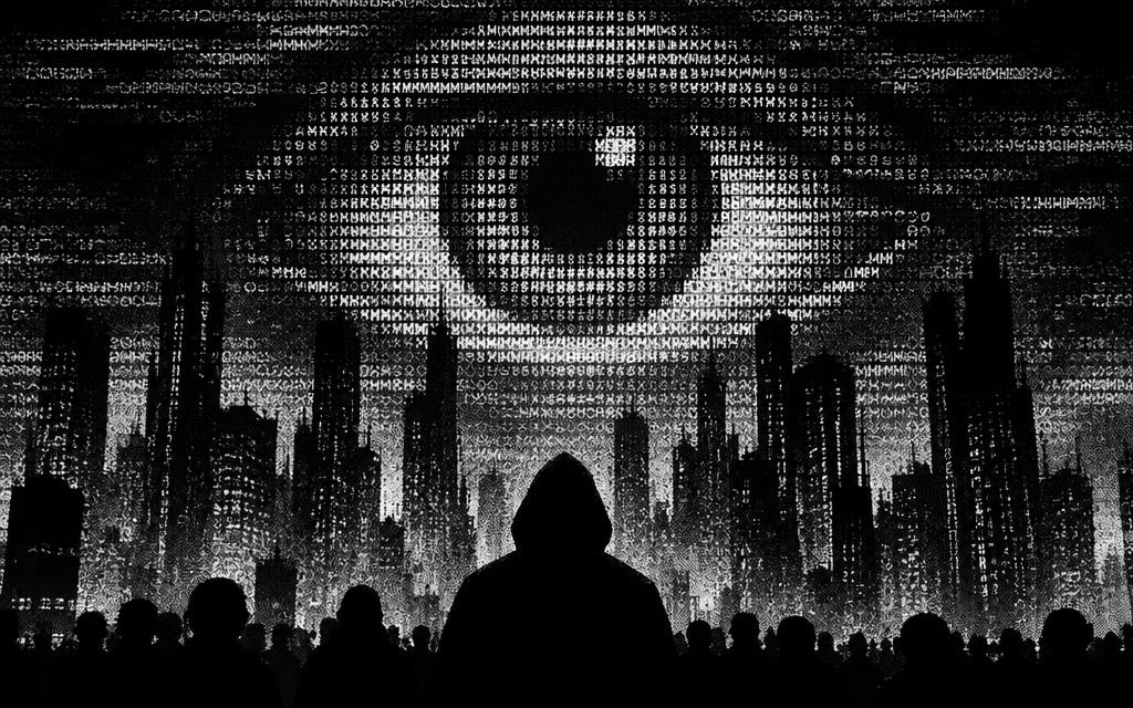 A giant digital eye watching over a city and a hooded figure